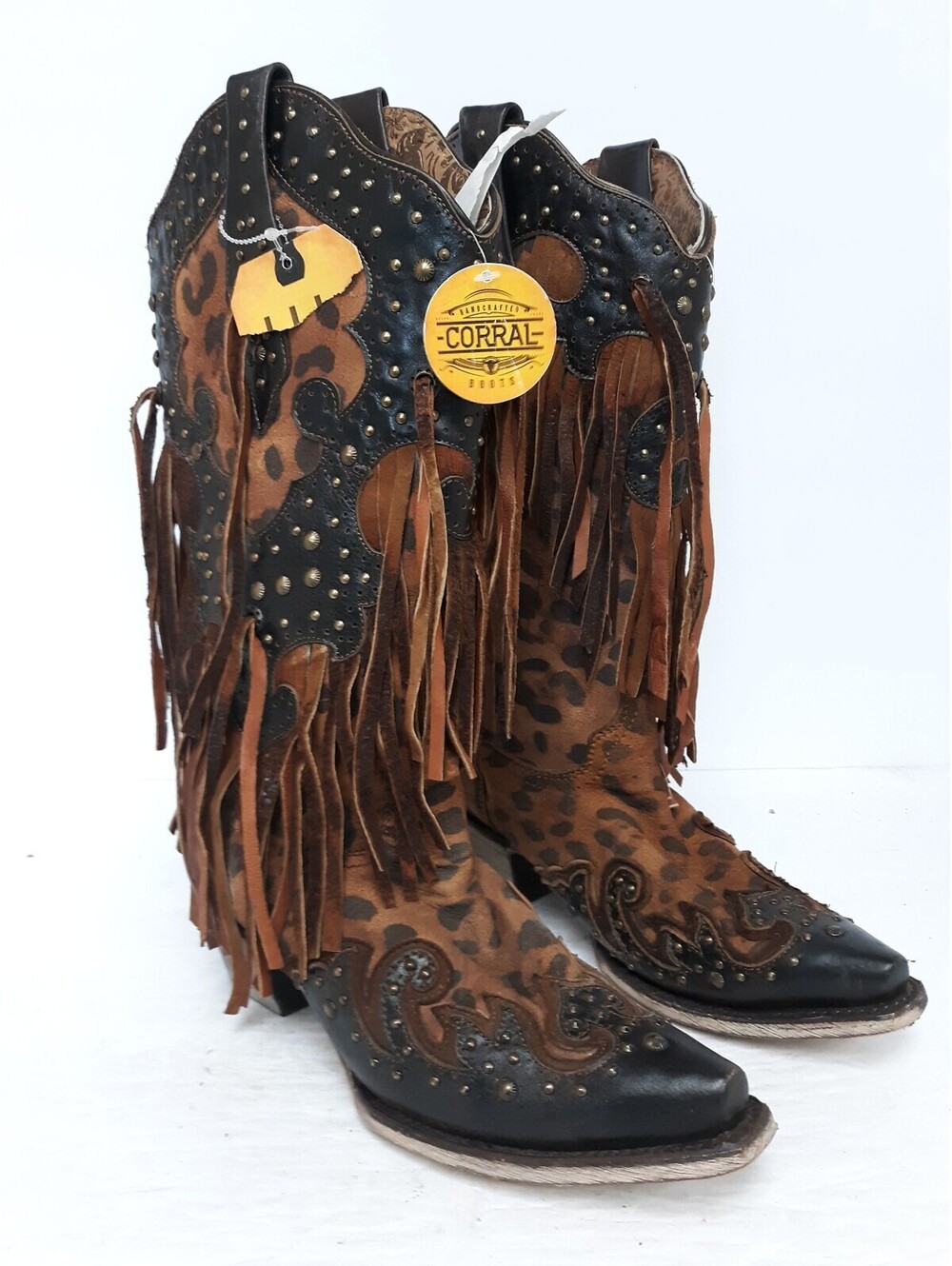 Corral A3618 Women Western Boots Size 8M Leopard Print Fringe Studded Honey Goat